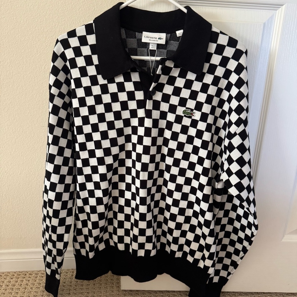Lacoste Black and White Checkered Zip Up Sweater